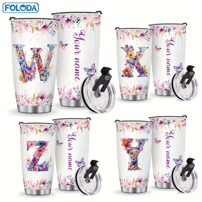 Foloda 1pc Personalized Flower Initials Tumbler Christmas Gift 20oz Mug with Letter Flower Butterfly, Travel Cup for Wedding Birthday Graduation Party, Birthday Valentine's Day Mother's Day Gifts Stainless Steel Mug with Lid