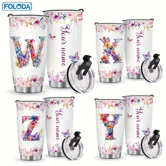 Foloda 1pc Personalized Flower Initials Tumbler Christmas Gift 20oz Mug with Letter Flower Butterfly, Travel Cup for Wedding Birthday Graduation Party, Birthday Valentine's Day Mother's Day Gifts Stainless Steel Mug with Lid