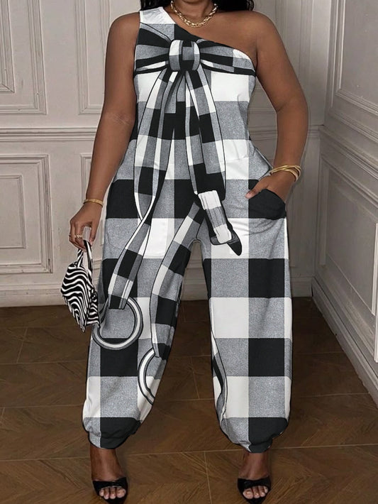 Plunging Neck Jumpsuit Black White Plaid Pattern Casual Outfit for Women