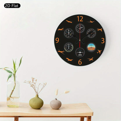 1pc 10 Inch Aviation Pilot Wall Clock with Flight Instrument Design - Silent Non-Ticking Modern Black & Orange Airplane Speed, Altitude, Heading, Vertical Speed dials - Easy-to-Read Black Face & White Hands - Ideal for Home,
