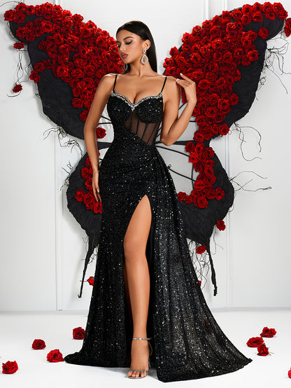 Sequin Spaghetti Strap V-Neck High-Waist Long Dress with Hollow-Out Back and Side Slit | Elegant Bodycon Evening Gown for Parties and Banquets