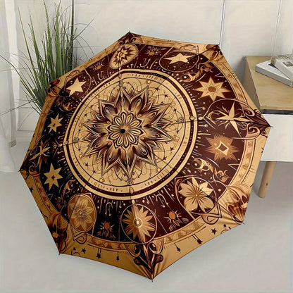 Automatic Folding Umbrella The umbrella features a large, intricate mandala-like star pattern in Golden and brown tones. Portable collapsible design, casual outdoor accessory, Christmas birthday festival gift, Mini Umbrella,