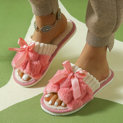 Women's Plush Fleece Slip-On Slippers with Bow Detail - All-Season Indoor House Shoes, Soft EVA Sole for Comfort & Quiet, Cozy Home Slippers in Black/White/Green/Beige/Pink/Grey, Cute Slippers