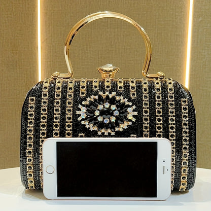 Glamorous Black & Golden Rhinestone Embellished Clutch with Detachable Strap - Sparkly Geometric Evening Bag for Parties, Banquets, and Formal Gatherings, Banquet Accessory | Polyester Construction, Party Purse