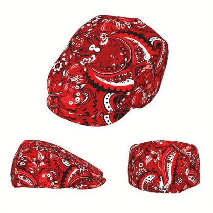 1pc Vintage Red Paisley Flat Cap - Full-Width Printing, Adjustable Strap for Men & Women, Lightweight Irish Newsboy Beret Ivy Cabbie Hat - Formal, Casual, Themed Events - Christmas, Graduation, Football Games - Easy-Care Poly