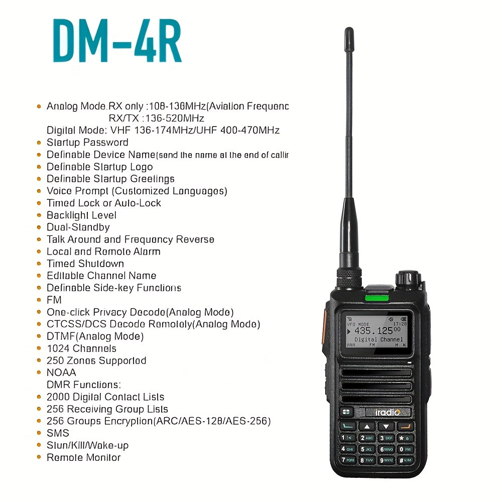 Iradio DM-UV4R DMR Digital Analog Walkie Talkie AES-256 Encryption SMS Dual Mode Dual Time Slot 1024 CH