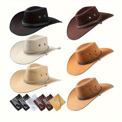 12pcs set (6 cowboy hats+6 headscarves) combo bag - brown western party hat, durable cowboy hat, suitable for birthdays, Halloween, cowboy sports performances, western theme decoration - unisex denim accessories,, Halloween C
