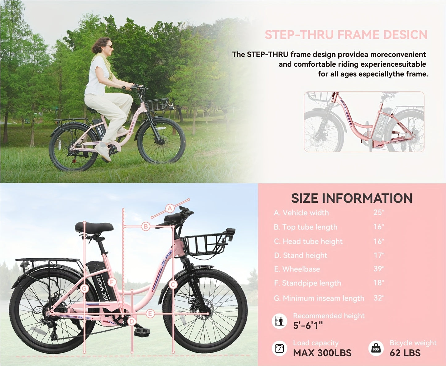 Cruiser Electric Bike For Women, 500W Motor 36V/10.4Ah Removable Battery, 25-40 Miles 20MPH, 24 Inch Electric Bike High-Carbon Steel Frame, 7-Speed With Front Basket -Beach Commuter Ebike For Adults, Ebike With Basket, Sakura