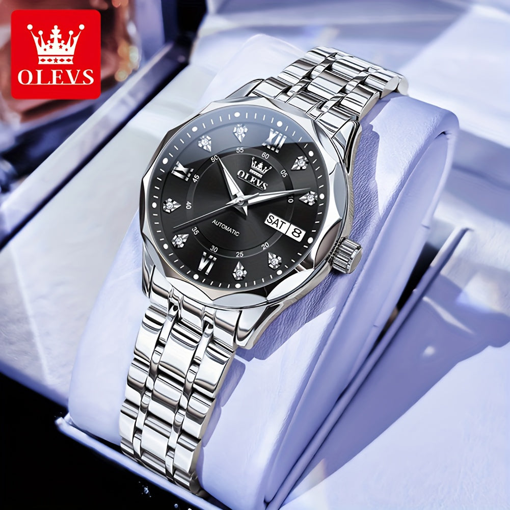 OLEVS Women'S Stainless Steel Automatic Mechanical Watch with Luminous Hands & Chronograph - Golden-Tone Elegant Round Watch, High Quality (Not), Luxury Analog Wristwatch for Women, No Battery/Easy Maintenance, Durable Everyd
