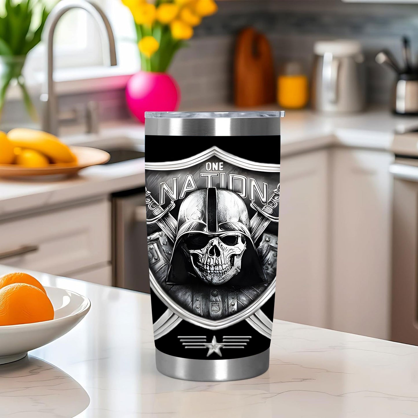 1pc 20oz One Nation Skull Tumbler, Double Wall Vacuum Insulated Travel Mug, Spill Proof Lid, Perfect Gift for Dad, Mom, Ideal for Christmas, Thanksgiving, Valentine's, Mother's, Father's Day, Gift for birthday, Coffee Cup