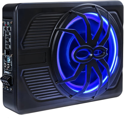 10-inch Spider Subwoofer with 800W Built-in Amplifier | LED Blue Light, High/Low Level Input, -fit Enclosure for Car/Truck Audio