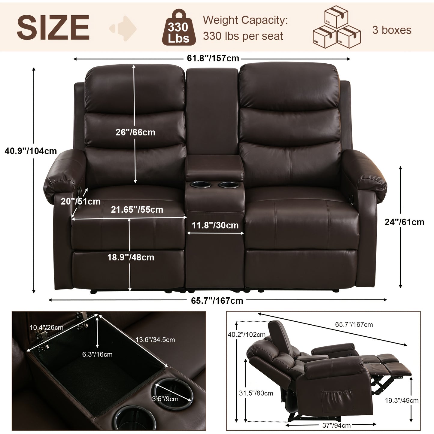 Office Reclining Loveseat, Manual RV Recliner Sofa With Console & Cup Holders & Pockets, Faux Leather Upholstered