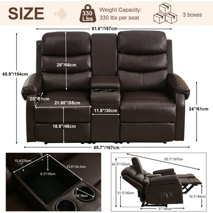 Office Reclining Loveseat, Manual RV Recliner Sofa With Console & Cup Holders & Pockets, Faux Leather Upholstered