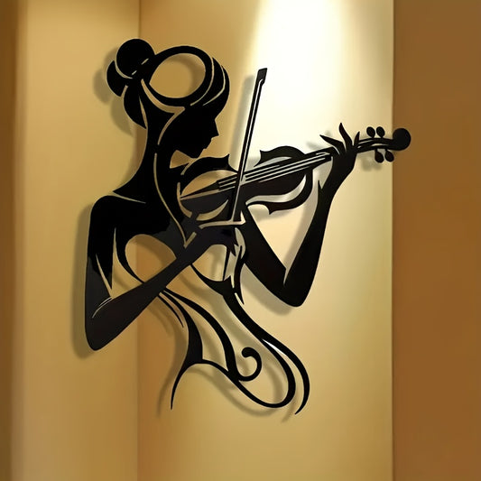 Elegant Violin Girl Metal Wall Art - Vintage Style Black Silhouette Decor for Home, Office, Cafe - Ideal Gift for Music Lovers & Violinists