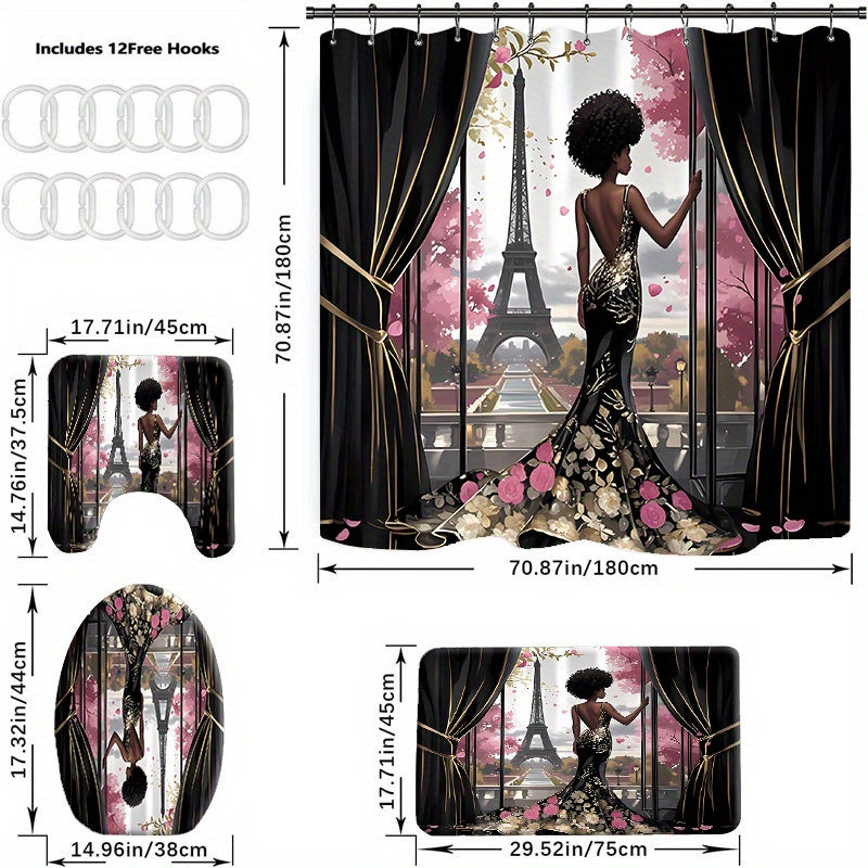 2D 1pc/4pcs Featuring The Eiffel Tower Design, Suitable for Apartment Bathrooms And Shower Rooms, Includes a Hotel Shower Curtain Set with 12 Hooks, a Bathroom Mat, a Toilet Seat Cover, And a U-Shaped Mat, All As Part of The
