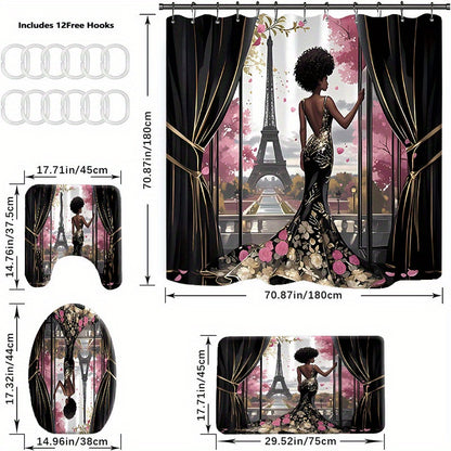 2D 1pc/4pcs Featuring The Eiffel Tower Design, Suitable for Apartment Bathrooms And Shower Rooms, Includes a Hotel Shower Curtain Set with 12 Hooks, a Bathroom Mat, a Toilet Seat Cover, And a U-Shaped Mat, All As Part of The