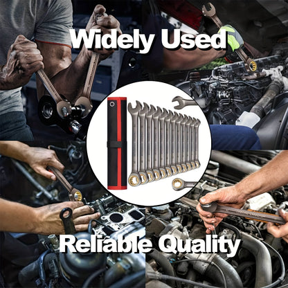 12pcs Nickel Plating Fixed Head Ratchet Wrench Set, Combination Wrench Set Metric 8-19mm&SAE 1/4-13/16Inch, With Rolling Pouch, 72-Tooth Industrial Chrome Vanadium Steel, For Motorcycle And Bicycle Maintenance, Gift For Dad&H