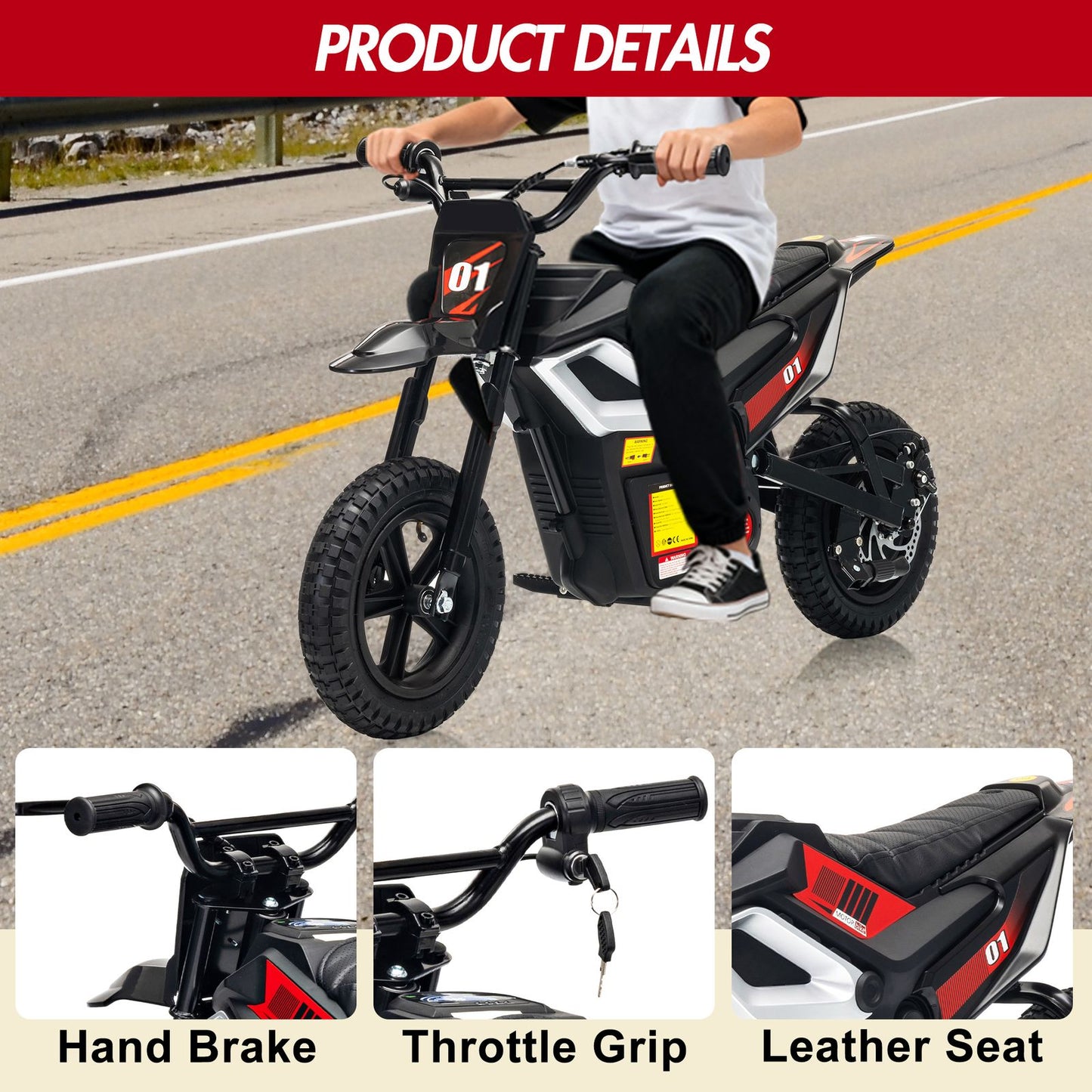 24V 350w Kids Motorcycle, 13. 67 Mph Max Speed Kids Electric Bike, Dirt Bike with Rear Wheel Suspension, Music, 12 Miles Range, Twist Grip Throttle, Metal Suspension, Rubber Tire, Leather Seats