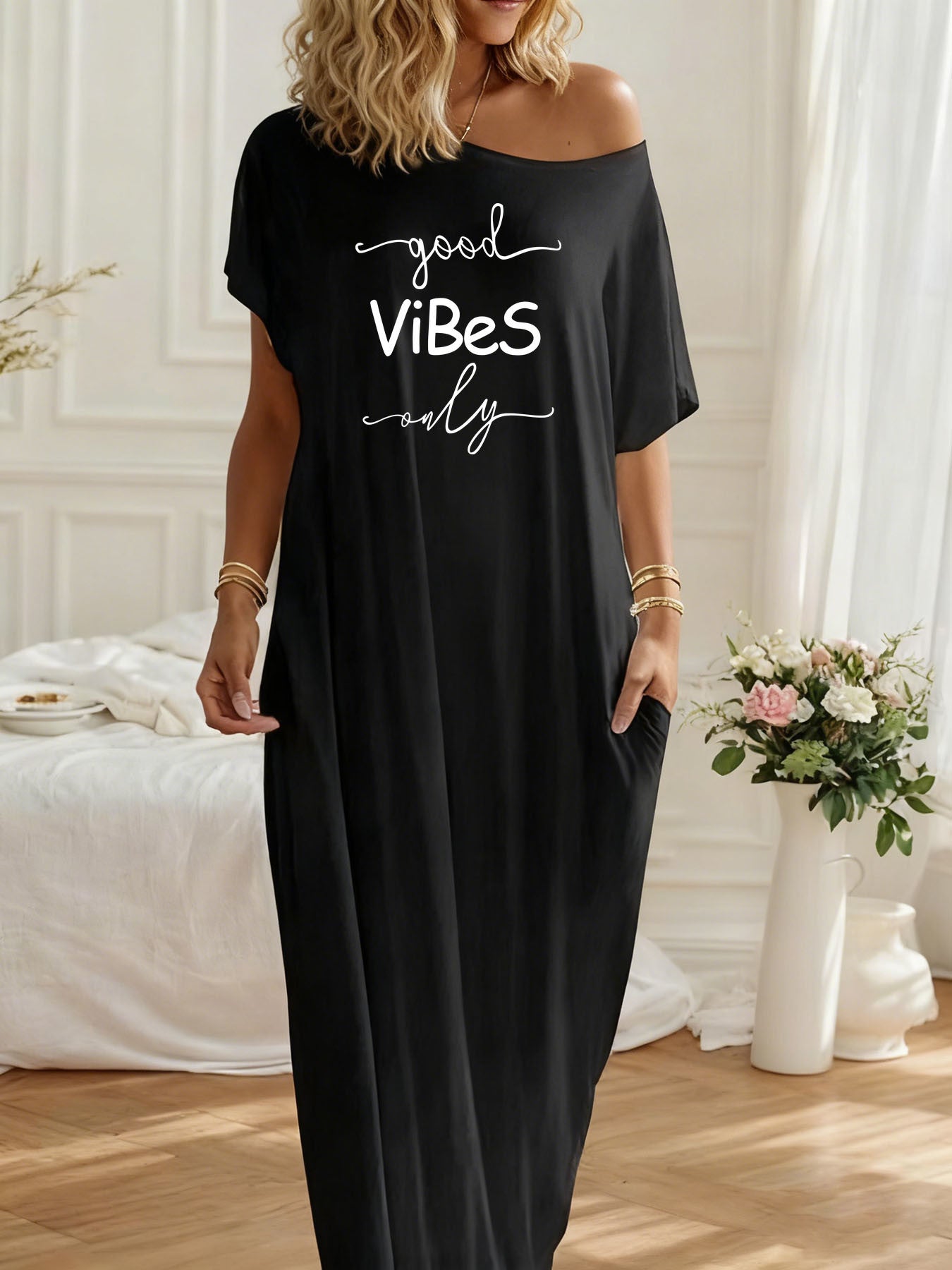 Women's Off-Shoulder Loose Maxi Dress Good Vibes Only Print Casual Comfortable Pocket Loungewear Nightgown