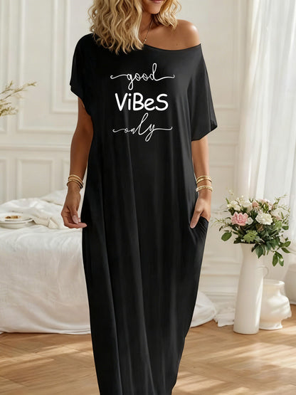 Women's Off-Shoulder Loose Maxi Dress Good Vibes Only Print Casual Comfortable Pocket Loungewear Nightgown