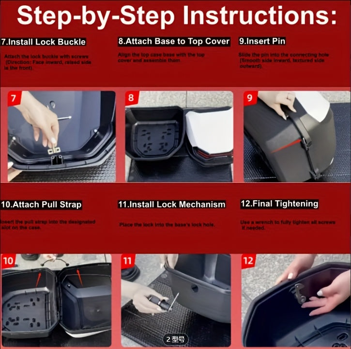 1pc Motorcycle Top Box - Heavy-Duty ABS Motorcycle Luggage Bag with Locking Mechanism, 45L/11.89 Gallon Capacity, Shock-Absorbing Base & Interior Lining, Detachable Straps For Secure Storage Of Helmets, Gloves, Motorcycle Sto