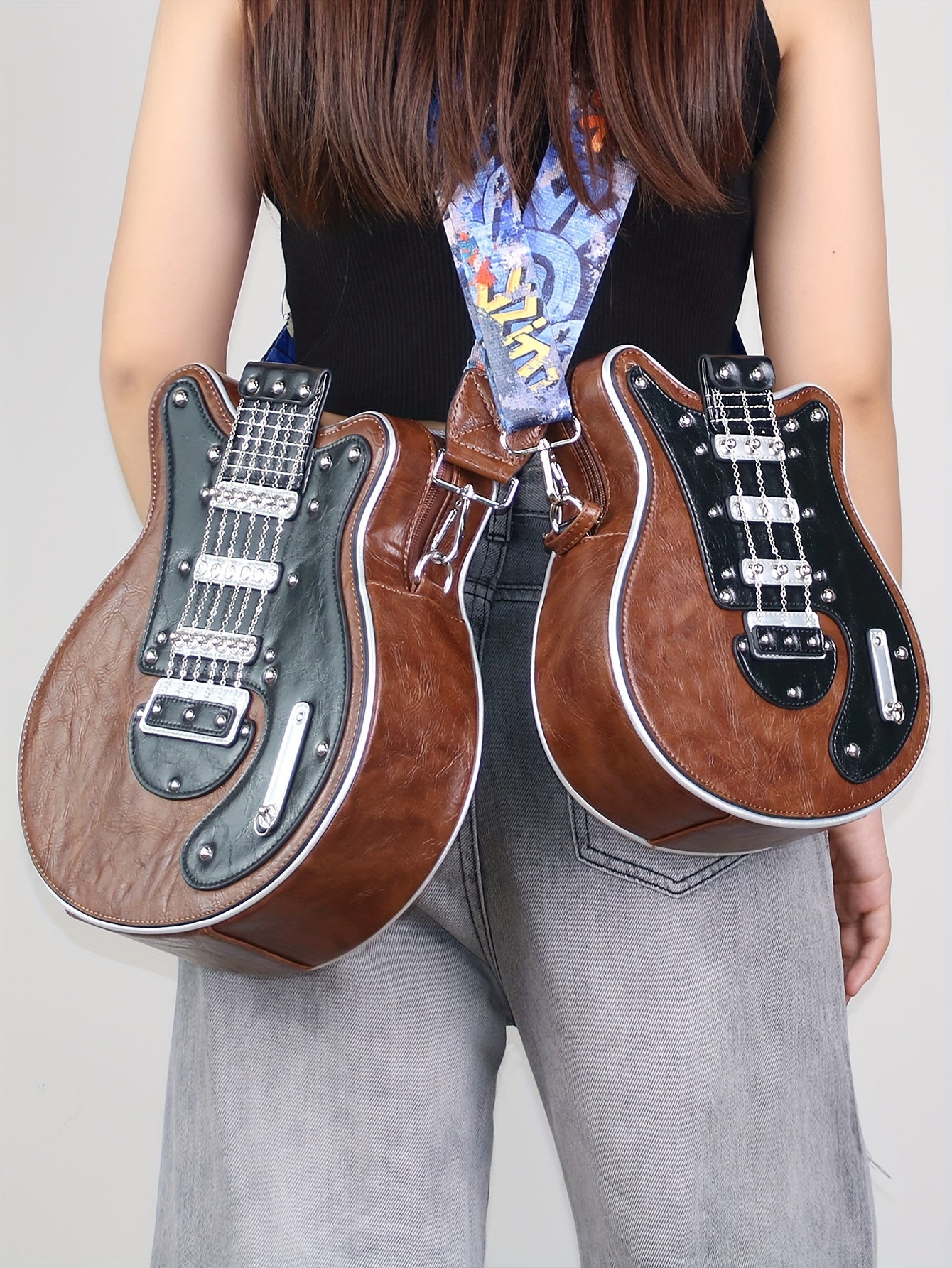 Women's & Unisex Y2K Retro Music-Themed Bass Guitar-Shaped Crossbody Bag with Detachable Strap, Golden-Tone Hardware & Zipper Closure - Band Style Handbag for Musicians & Music Lovers (Red/Black) - 2024 New Design with Chain
