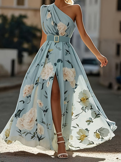 Plus Size, HERTALK Women's Off-Shoulder Digital Print Sleeveless Tank Dress with Belt Long Dress