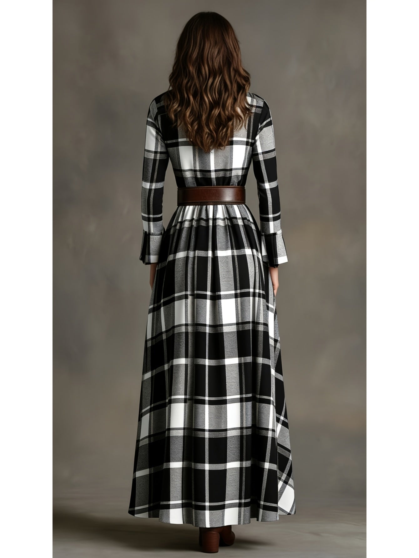 Women'S Brown, White, Black & Gray Plaid Waist-Cinched Maxi Dress | Retro Modern Style, Suitable for Daily Streetwear, Luxury Social Events, and Casual Occasions