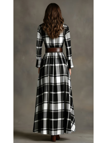 Women'S Brown, White, Black & Gray Plaid Waist-Cinched Maxi Dress | Retro Modern Style, Suitable for Daily Streetwear, Luxury Social Events, and Casual Occasions