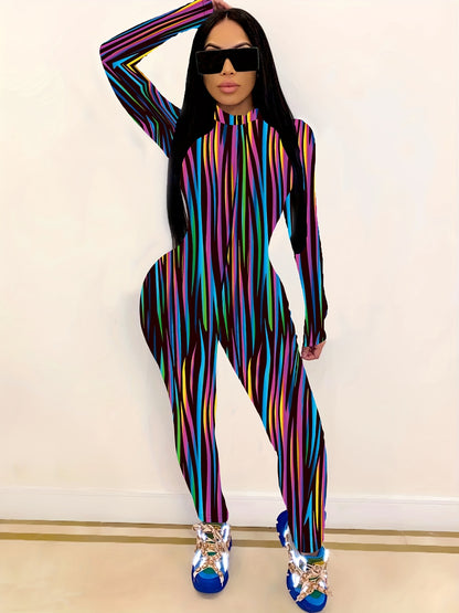 [Fashion Jumpsuit] Women's Fashion Striped Print Bodysuit, swear, Jumpsuit