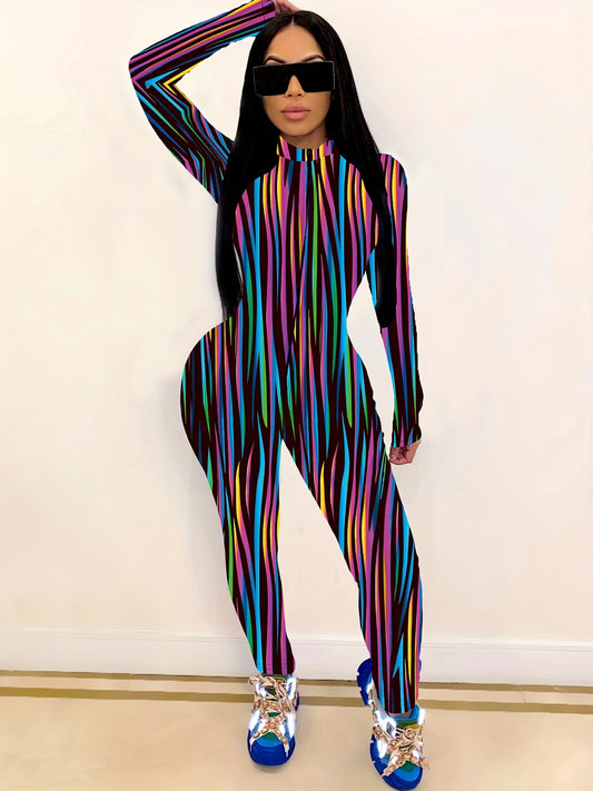 [Fashion Jumpsuit] Women's Fashion Striped Print Bodysuit, swear, Jumpsuit