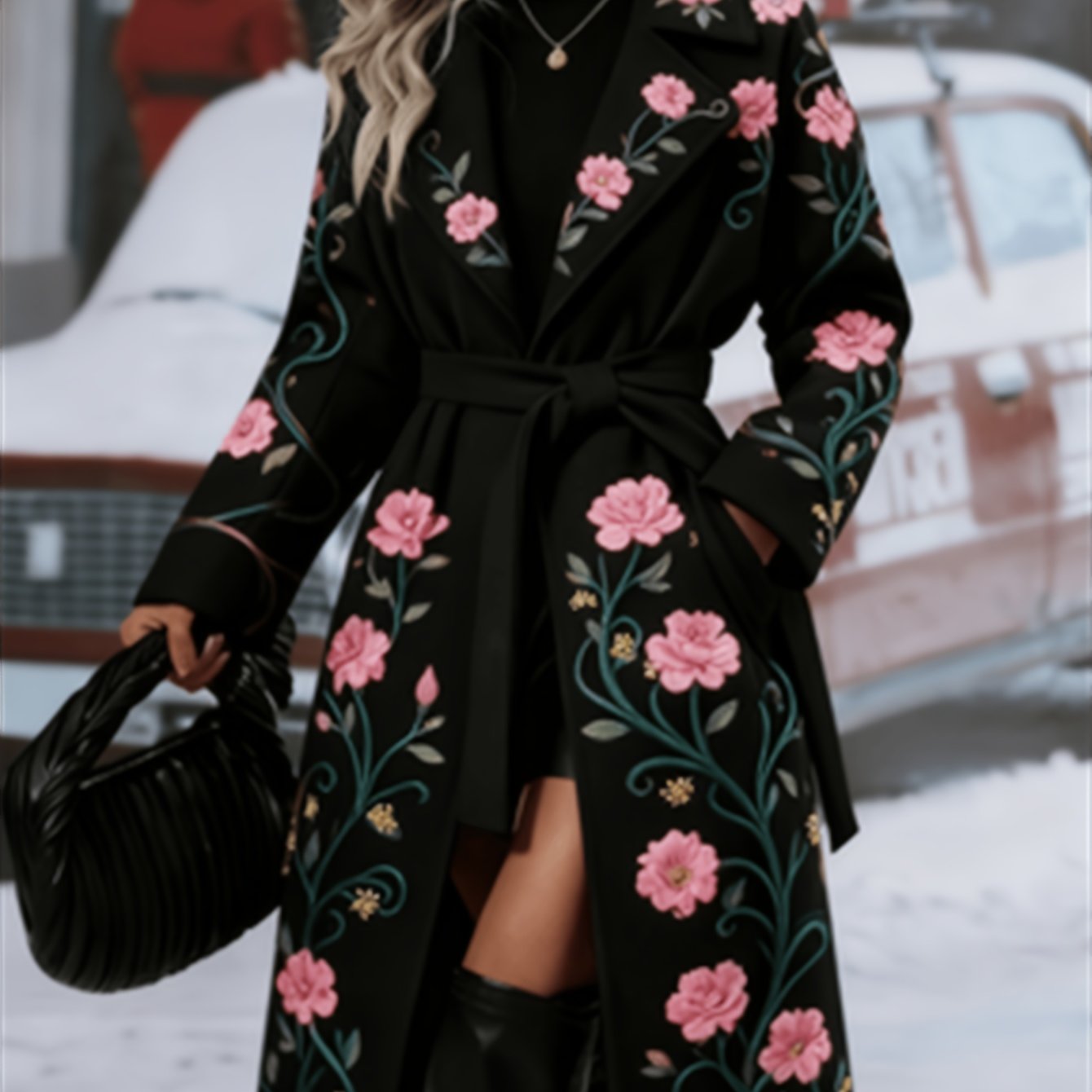 Fashionable And Elegant - Winter New Arrival - Women's Long Trench Coat - Warm And Simple - Double-Breasted Buttons With Belt - Featuring Floral Vine Print