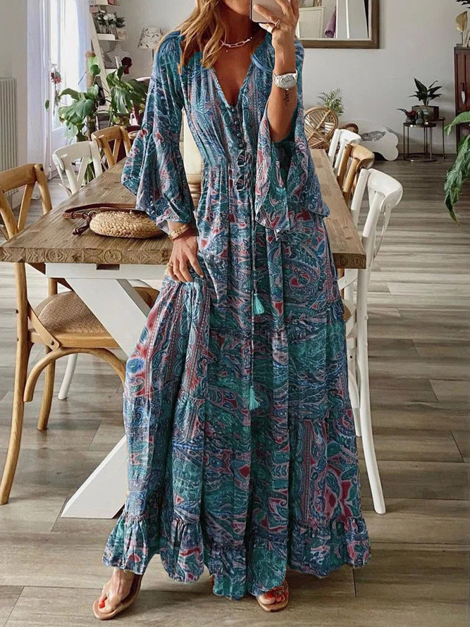 Women'S Autumn Fashion, Chic V-Neck Waist, A-Line Small Floral Design, Sophisticated Feminine Dress, Long Skirt