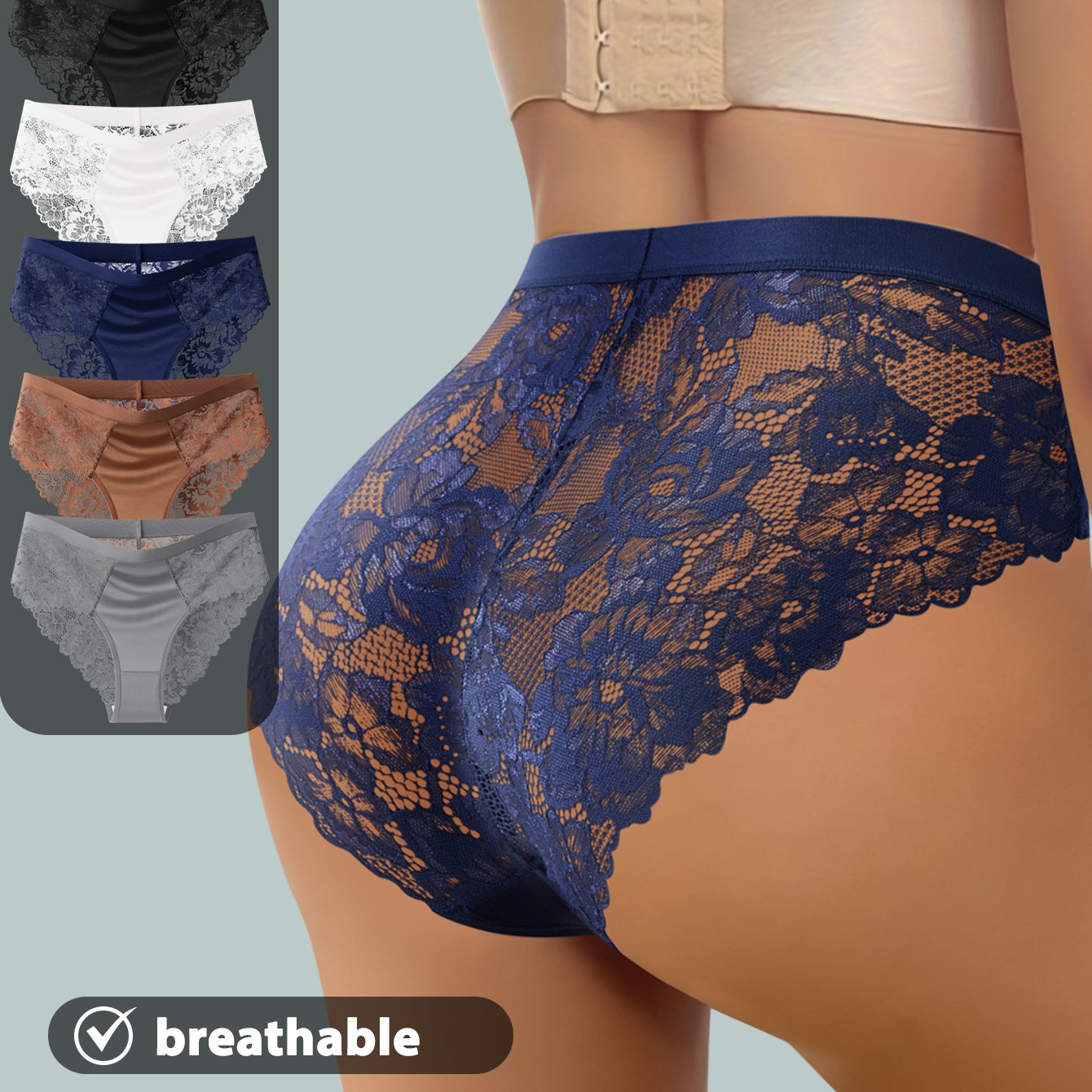 5pcs QUASTI Women'S Solid Color Lace Edge Panties | Simple and Fashionable, Comfortable and Soft, Elegant Style, Semi-Transparent Triangle Design, Suitable for Couple Dates and Everyday Outings