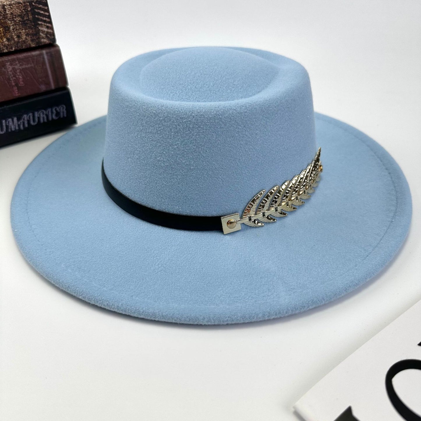 1pc Women'S Retro Wide-Brimmed Fedora Hat with Metal Crescent & Black Leather-like Band - Vibrant Orange/Red/Green/Black/Navy Blue/Purple/White - Elegant Non-Stretch Design for Autumn Winter, Music Festivals, Christmas & Dail