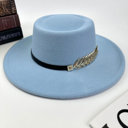 1pc Women'S Retro Wide-Brimmed Fedora Hat with Metal Crescent & Black Leather-like Band - Vibrant Orange/Red/Green/Black/Navy Blue/Purple/White - Elegant Non-Stretch Design for Autumn Winter, Music Festivals, Christmas & Dail