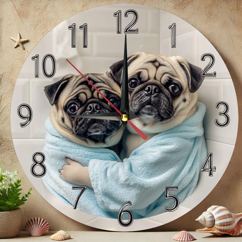 [Silent Operation] Charming Pug-Themed Silent Wooden Wall Clock - Farmhouse Style Round Clock with Adorable Pug Design, Easy-to-Read Numbers, No Ticking Sound, Perfect for Kitchen, Bedroom, or Office Decor, 9.8x9.8 Inches (Ba