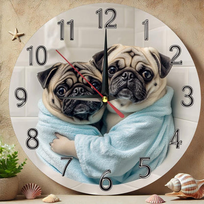 [Silent Operation] Charming Pug-Themed Silent Wooden Wall Clock - Farmhouse Style Round Clock with Adorable Pug Design, Easy-to-Read Numbers, No Ticking Sound, Perfect for Kitchen, Bedroom, or Office Decor, 9.8x9.8 Inches (Ba