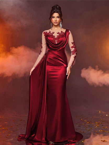 Elegant Long Ladies' Gown with Lace Detail | Solid Color, Contrast Mesh, Long Sleeve, Gown Hem, Ideal for Christmas, Birthday, Graduation, Travel
