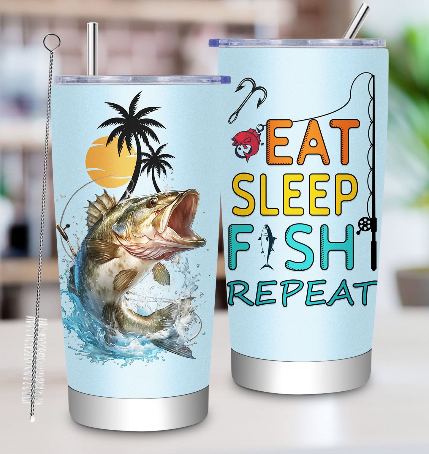 1pc 20oz Stainless Steel Insulated Fishing Tumbler with Cleaning Brush - Double-Wall Vacuum Insulation, Leakproof & -Slip Grip, BPA-Free Travel Mug with Fish Design & "Eat Sleep Fish Repeat" Slogan, Spill-Resistant Lid for Ho