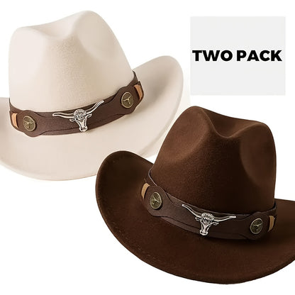 Western Cowboy Hat with Bull Skull Emblem - Wide Brim Tweed Polyester, Brown & Tan, Hand Wash Only for Weddings, Parties, Halloween, Christmas, Thanksgiving, New Year's Eve, Cowboy Accessories, Festive Headwear, Rustic Style,