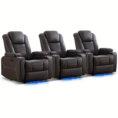 Power Recliner Sofa with Adjustable Headrest & LED Ambient Light & Hidden Storage & USB Ports for Living Room Home Theater