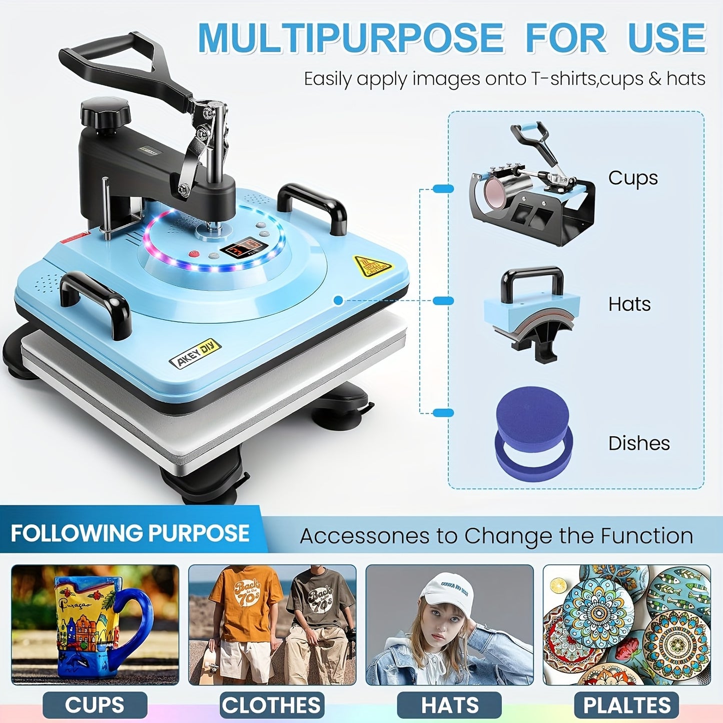 This Is a Versatile Heat Press Machine Combo Featuring an 8 in 1 And 5 in 1 Design, with Dimensions of 15"X15" And 15"X12". It Has a Rotatable Design And Is Suitable for Transferring Images Onto Various Items Such As T-Shirts