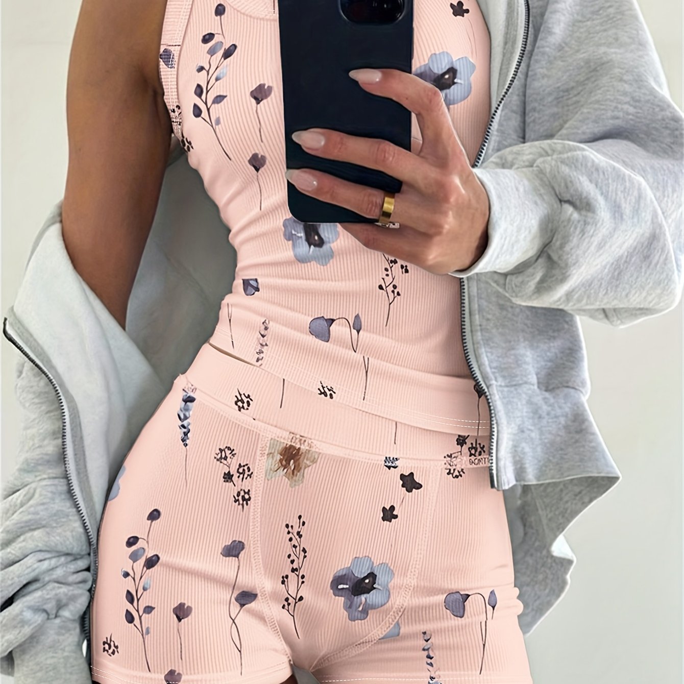 2pcs Outfit Floral Print U-Neck Tank Top And Elastic Waist Shorts Set Slim Fit Ribbed Set