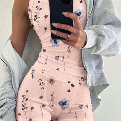 2pcs Outfit Floral Print U-Neck Tank Top And Elastic Waist Shorts Set Slim Fit Ribbed Set