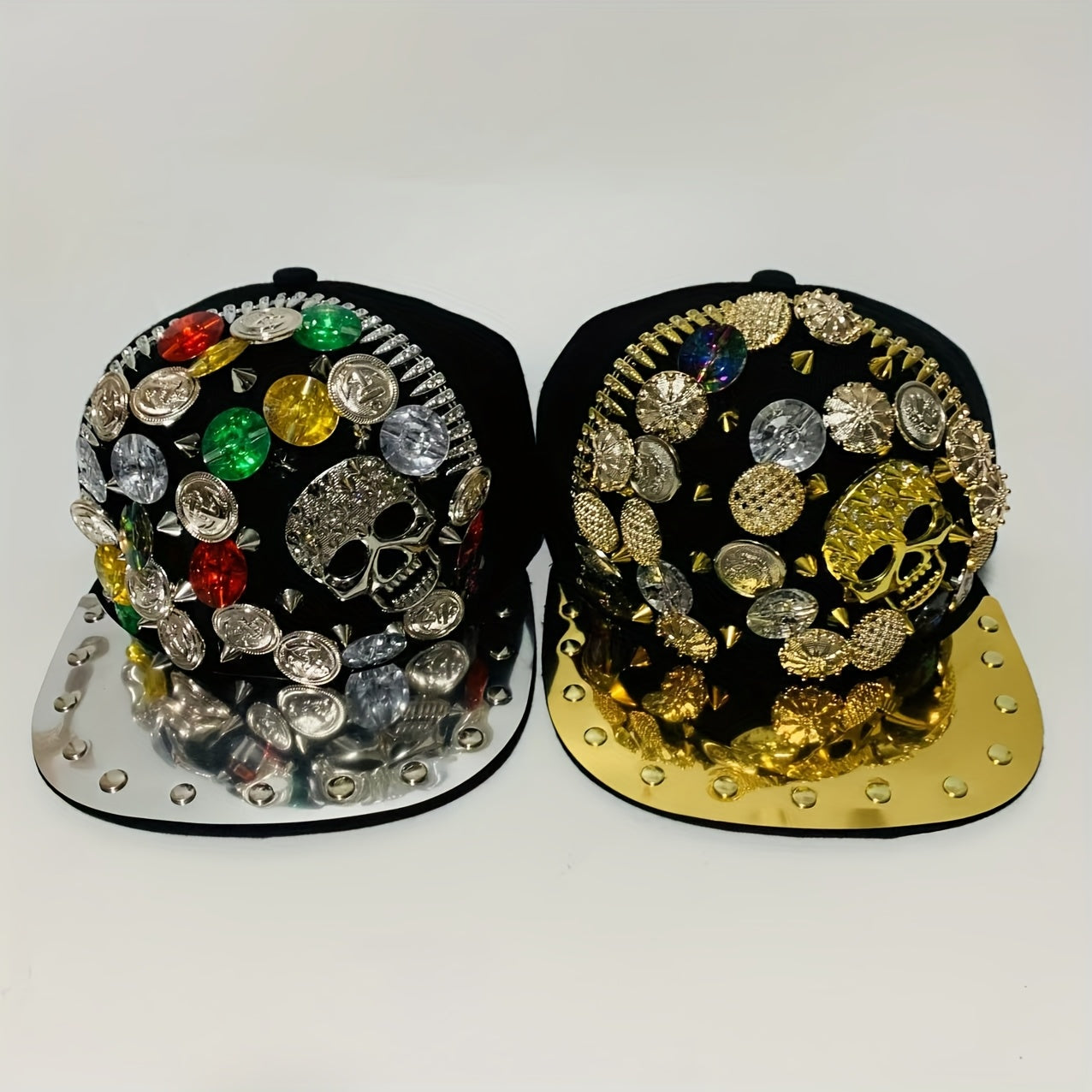 Handcrafted Rivet Studded Fashion Baseball Cap - Lightweight Polyester, Casual Street Style with Colorful Gemstones and Skull Motif for Dance and Performance