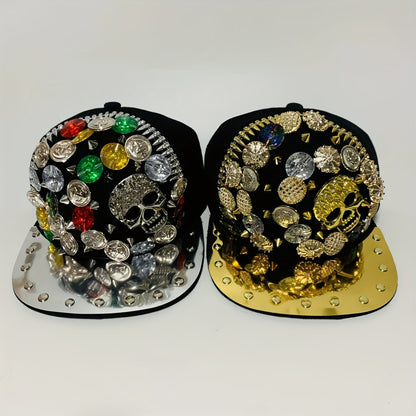 Handcrafted Rivet Studded Fashion Baseball Cap - Lightweight Polyester, Casual Street Style with Colorful Gemstones and Skull Motif for Dance and Performance