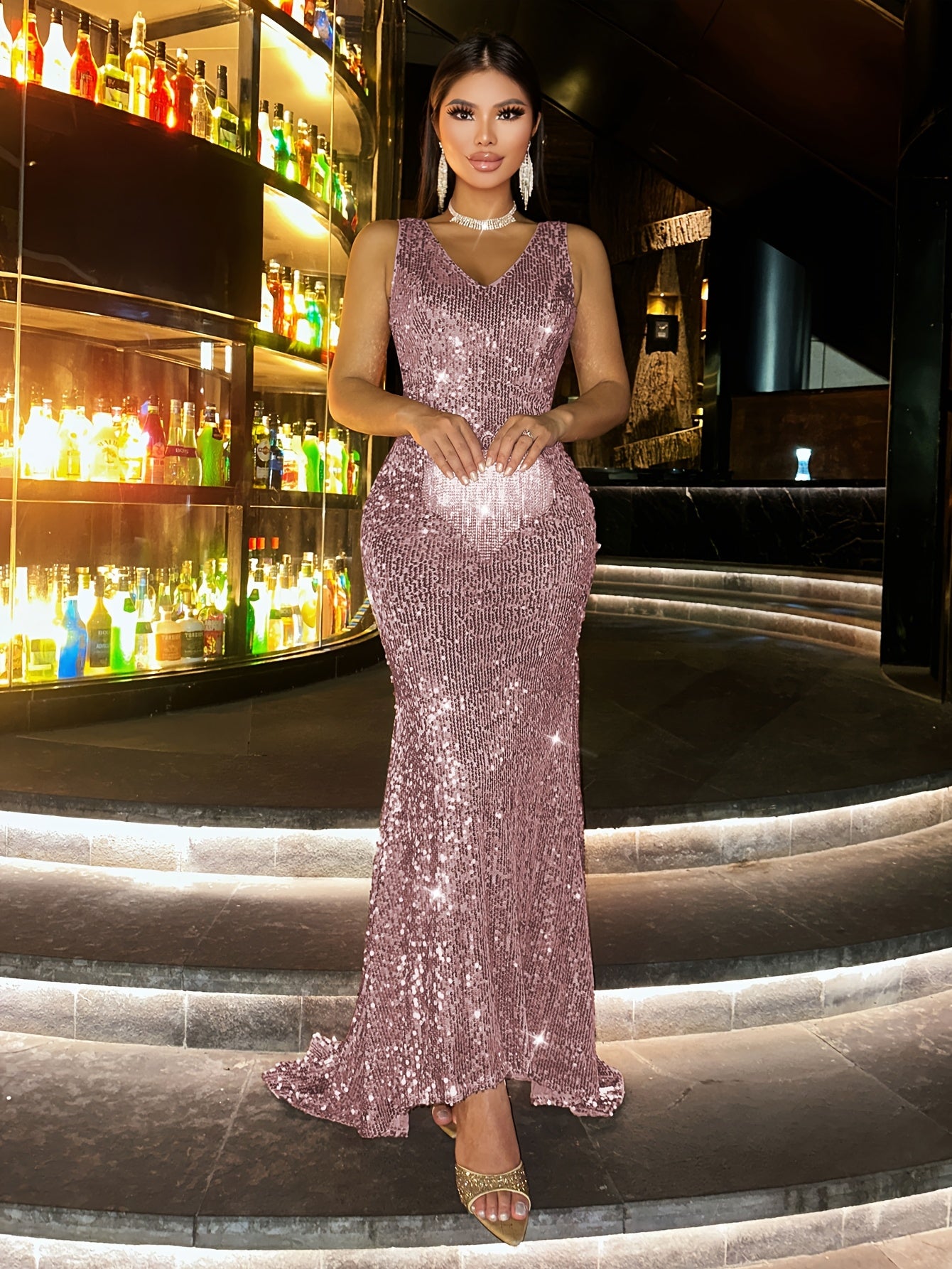 New Sequin Women's Long Dress, Gorgeous Elegant Evening Party Formal Wear Slim High-Waisted Off Shoulder Backless Bridal Wedding Guest Outfit for Travel Music Festival Banquet