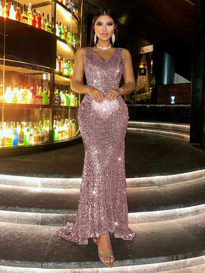 New Sequin Women's Long Dress, Gorgeous Elegant Evening Party Formal Wear Slim High-Waisted Off Shoulder Backless Bridal Wedding Guest Outfit for Travel Music Festival Banquet