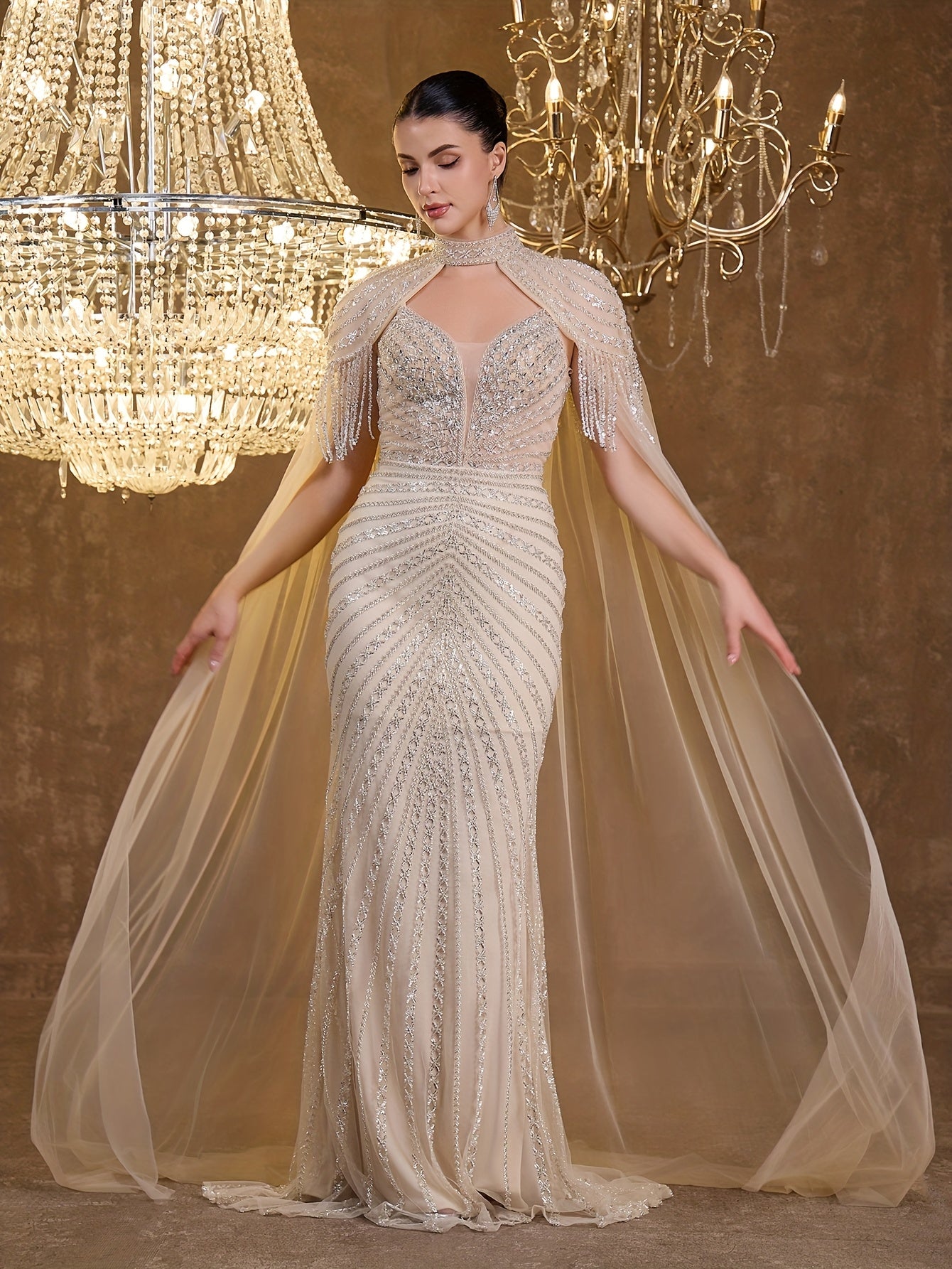 Sequined Lace Fringe Off-shoulder Bustier Elegant Sexy Mermaid Evening Gown